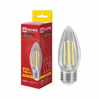 Лампа светодиодная свеча проз. IN HOME 12W Е27 3000К филамент