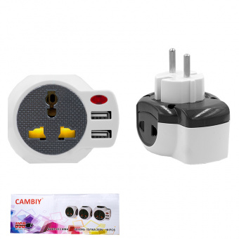 Адаптер для вилок тройник универсальный Cambiy 2USB 16A подсветка