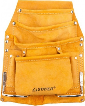 Сумка поясная для инструментов кожаная STAYER "MASTER" 10 карманов,2 скобы 38505