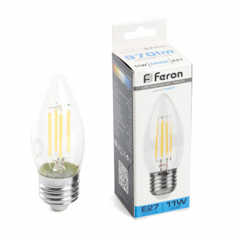 Лампа светодиодная свеча проз.  Feron LB-713 11W 230V Е27 6400К филамент